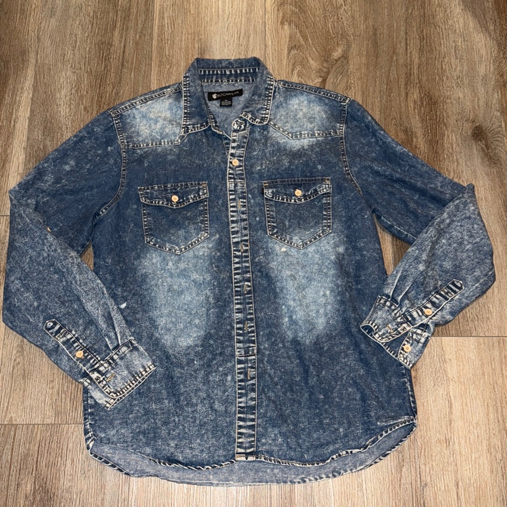Rocawear Denim Western Shirt long sleeve blue Size XL Acid Wash